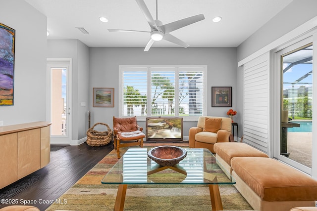 11 Pisces Ln, Rockledge, FL 32955 - living area featuring dark wood-style floors, recessed lighting, and a ceiling fan