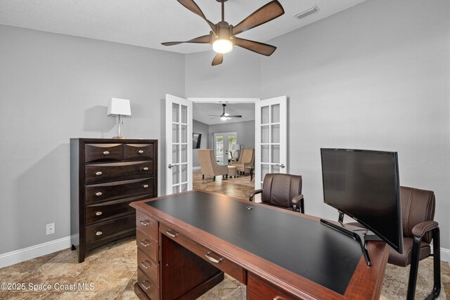 816 Pine Shadows Ave W, Rockledge, FL 32955 - office area with french doors, a ceiling fan, and lofted ceiling