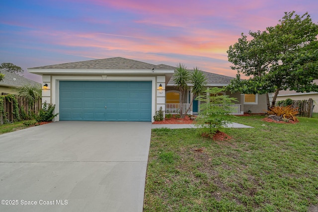 542 White Plains Ave SW, Palm Bay, FL 32908 - ranch-style home with concrete driveway, stucco siding, a garage, and a porch