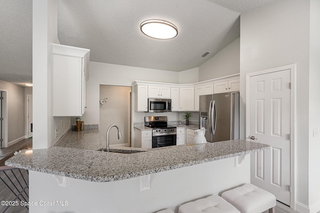 542 White Plains Ave SW, Palm Bay, FL 32908 - kitchen featuring stainless steel appliances, a sink, a peninsula, a textured ceiling, and baseboards