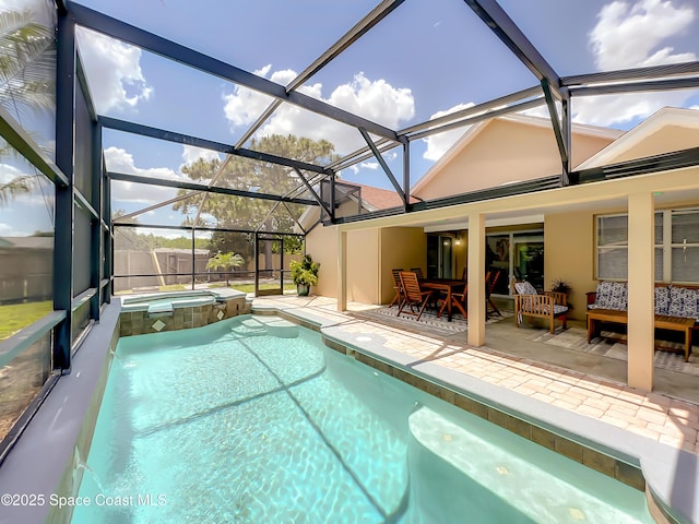 10360 Crystal Point Dr, Orlando, FL 32825 - view of pool featuring a patio area, a pool with connected hot tub, an outdoor living space, and glass enclosure