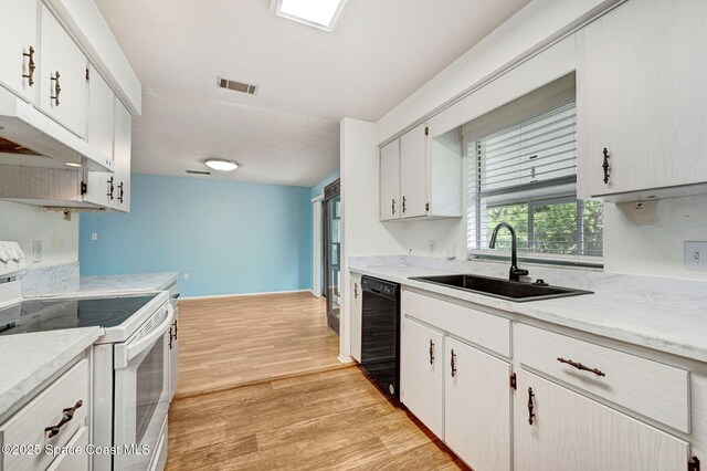 1123 Hermosa Dr, Rockledge, FL 32955 - kitchen featuring white electric stove, dishwasher, a sink, light wood finished floors, and under cabinet range hood