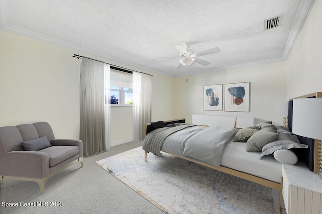 1455 Centaurus Ct, Merritt Island, FL 32953 - carpeted bedroom with a textured ceiling, ornamental molding, and ceiling fan