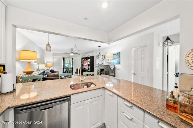 190 Shell Pl Unit 84, Rockledge, FL 32955 - kitchen featuring dishwasher, a sink, light stone countertops, decorative light fixtures, and recessed lighting