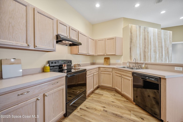 3469 Horse Creek Cir, Melbourne, FL 32935 - kitchen featuring black appliances, under cabinet range hood, light brown cabinetry, a sink, and recessed lighting