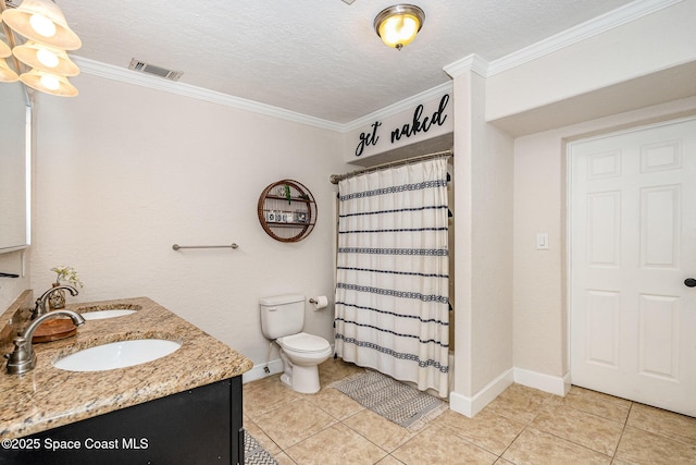 670 S Oak Park Cir E, Merritt Island, FL 32953 - full bath featuring double vanity, tile patterned floors, ornamental molding, curtained shower, and a textured ceiling