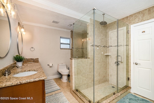 670 S Oak Park Cir E, Merritt Island, FL 32953 - full bathroom featuring crown molding, double vanity, a stall shower, a textured ceiling, and tile patterned floors