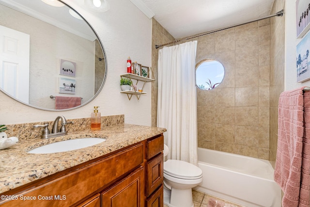 670 S Oak Park Cir E, Merritt Island, FL 32953 - bathroom with vanity, shower / bath combination with curtain, tile patterned floors, and ornamental molding