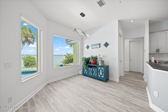 1999 S Misty Harbor Pl, Merritt Island, FL 32952 - unfurnished dining area featuring light wood-style flooring, recessed lighting, a textured ceiling, and a water view