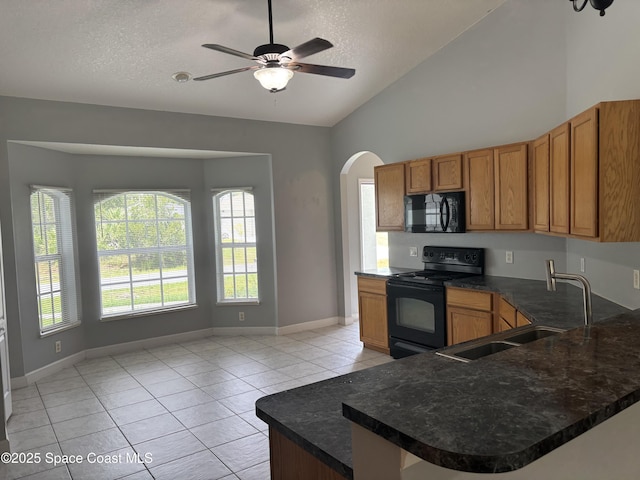 3197 Weyburn Ave SE, Palm Bay, FL 32909 - kitchen featuring black appliances, a sink, vaulted ceiling, arched walkways, and light tile patterned floors