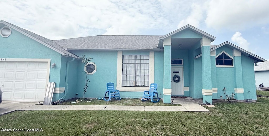 1846 Gallivan St NW, Palm Bay, FL 32907 - ranch-style home with a front yard, stucco siding, a garage, and a shingled roof