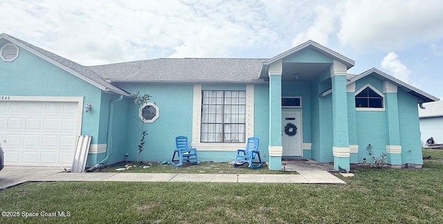 1846 Gallivan St NW, Palm Bay, FL 32907 - ranch-style home with a front yard, stucco siding, a garage, and a shingled roof