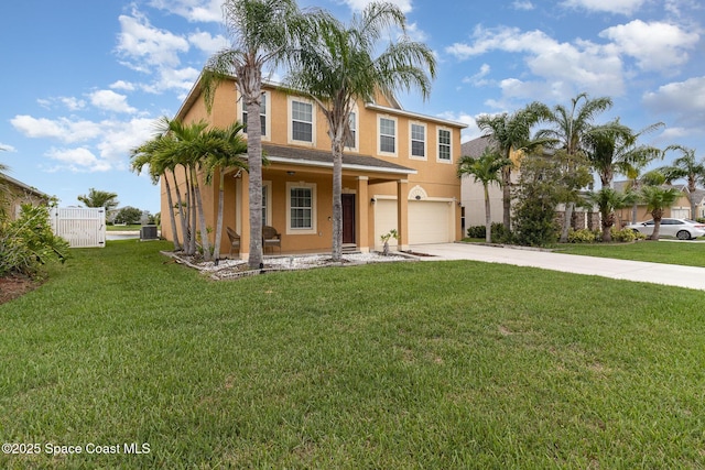 2039 Snapdragon Dr NW, Palm Bay, FL 32907 - view of front of home with driveway, a garage, a porch, stucco siding, and cooling unit