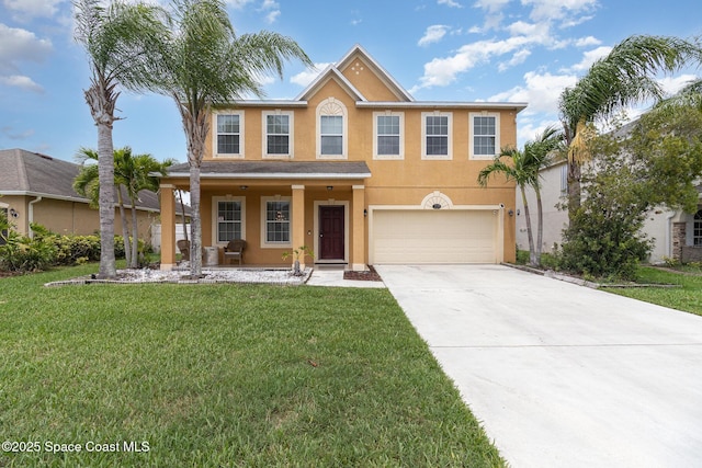 2039 Snapdragon Dr NW, Palm Bay, FL 32907 - view of front of house with stucco siding, covered porch, driveway, a garage, and a front lawn