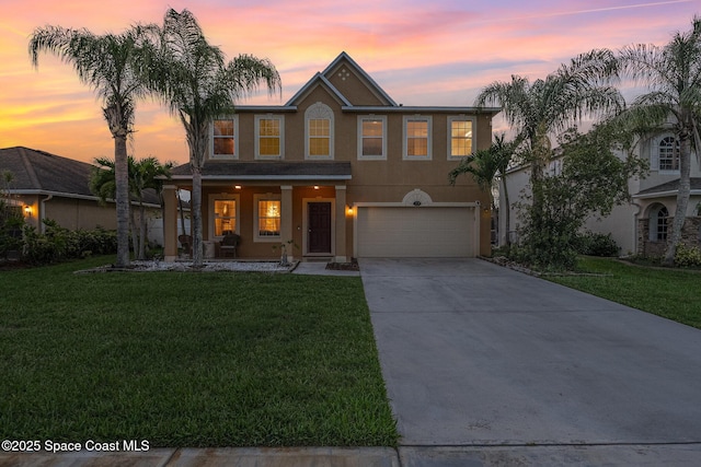 2039 Snapdragon Dr NW, Palm Bay, FL 32907 - traditional home featuring a porch, an attached garage, driveway, and a front yard