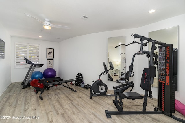 333 N Atlantic Ave Unit 333, Cocoa Beach, FL 32931 - exercise room with wood finished floors, ceiling fan, baseboards, and recessed lighting