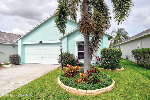 2178 Redwood Cir NE, Palm Bay, FL 32905 - ranch-style house with stucco siding, an attached garage, a front lawn, and concrete driveway