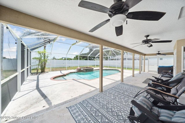 1236 Foxridge Pl, Melbourne, FL 32940 - view of swimming pool with ceiling fan, a fenced backyard, a patio area, and a pool with connected hot tub
