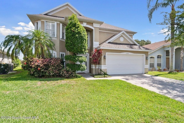 1236 Foxridge Pl, Melbourne, FL 32940 - view of front of property with stucco siding, an attached garage, driveway, and a front yard