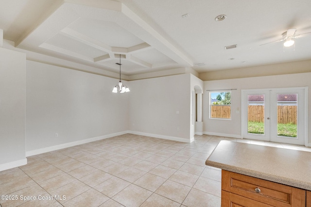 3977 Foothill Dr, Titusville, FL 32796 - unfurnished dining area featuring coffered ceiling, light tile patterned flooring, a chandelier, ceiling fan, and baseboards
