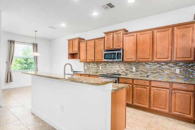 3485 Sansome Cir, Melbourne, FL 32940 - kitchen featuring stainless steel appliances, decorative backsplash, light stone counters, light tile patterned flooring, and recessed lighting