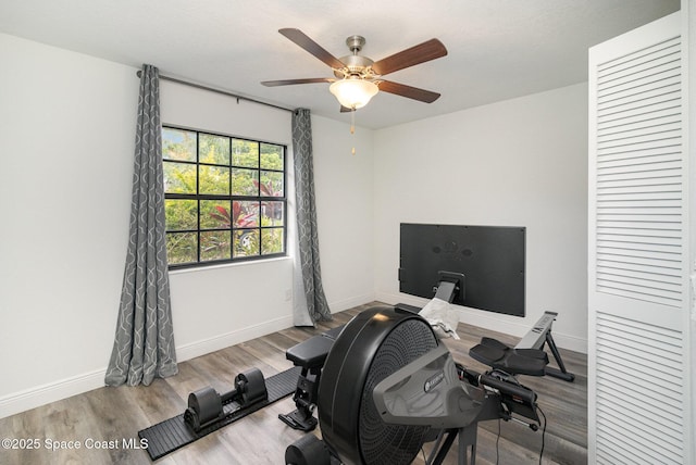 813 Laurel Dr, Rockledge, FL 32955 - office area featuring a ceiling fan, wood finished floors, and baseboards