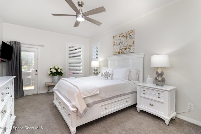 142 Ocean Garden Ln, Cape Canaveral, FL 32920 - bedroom featuring light carpet, crown molding, access to exterior, and ceiling fan