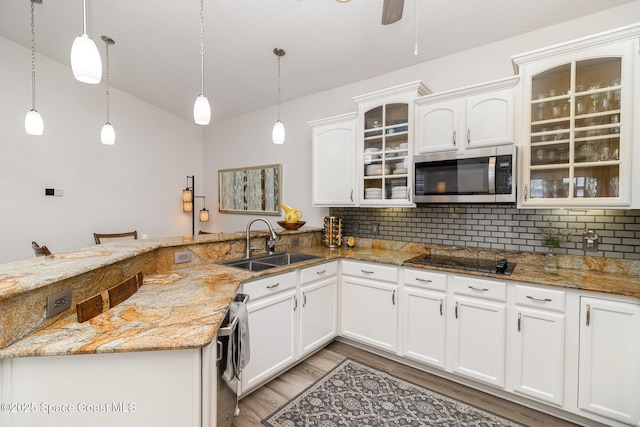 142 Ocean Garden Ln, Cape Canaveral, FL 32920 - kitchen with stainless steel microwave, black electric stovetop, a peninsula, light wood finished floors, and decorative backsplash