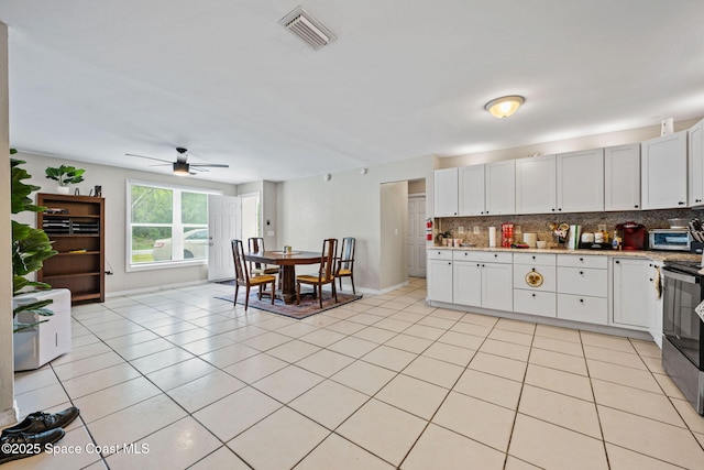 1620 Wichita Blvd SE, Palm Bay, FL 32909 - kitchen featuring tasteful backsplash, stainless steel range with electric cooktop, a ceiling fan, and white cabinets