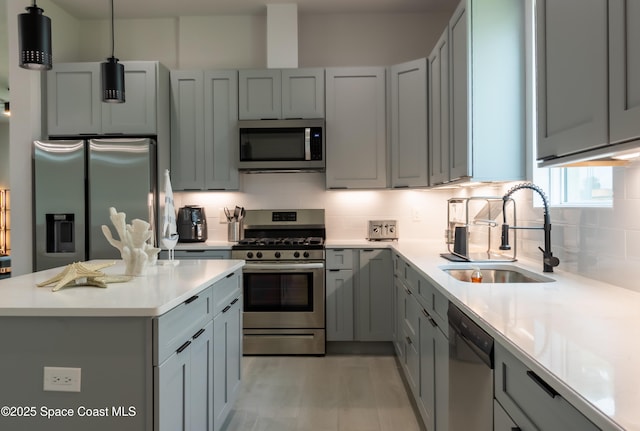 2148 Country Club Rd, Melbourne, FL 32901 - kitchen featuring stainless steel appliances, a sink, gray cabinetry, light countertops, and tasteful backsplash