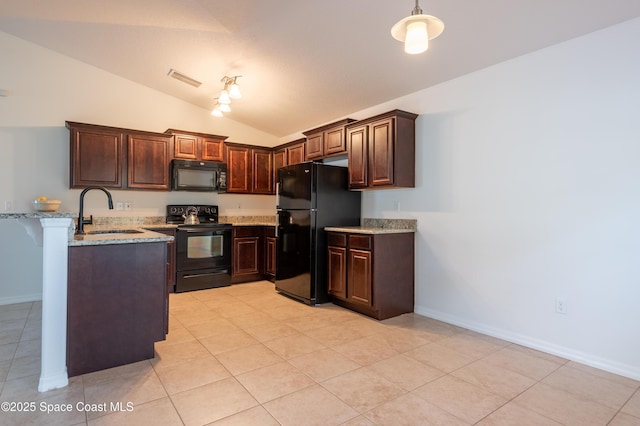 4180 Seville Ave, Cocoa, FL 32926 - kitchen featuring black appliances, vaulted ceiling, light stone countertops, a peninsula, and light tile patterned floors