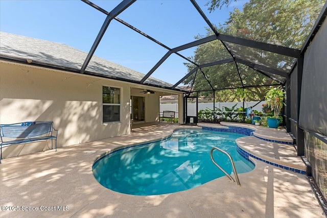 1211 Olde Bailey Ln, Melbourne, FL 32904 - view of pool with a patio, a fenced backyard, a ceiling fan, and glass enclosure
