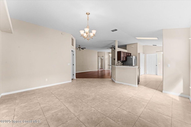 1211 Olde Bailey Ln, Melbourne, FL 32904 - unfurnished living room featuring a chandelier, ceiling fan, light tile patterned floors, and lofted ceiling