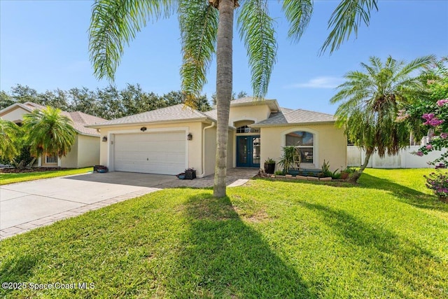 1211 Olde Bailey Ln, Melbourne, FL 32904 - view of front of home featuring stucco siding, an attached garage, driveway, french doors, and a front yard