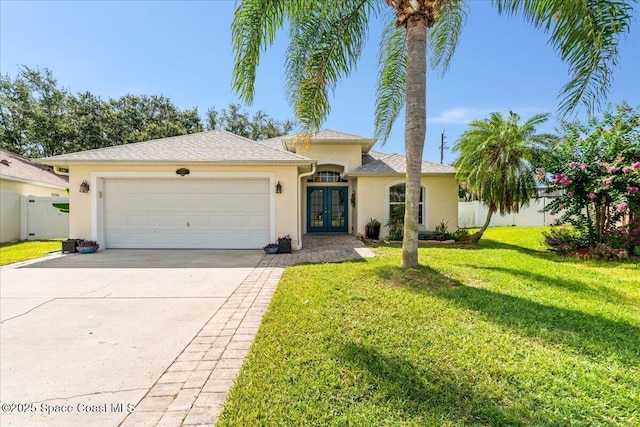 1211 Olde Bailey Ln, Melbourne, FL 32904 - view of front of home featuring french doors, stucco siding, a garage, and driveway