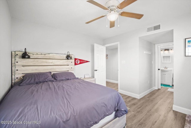 530 S Brevard Ave Unit 315, Cocoa Beach, FL 32931 - bedroom with wood finished floors, a ceiling fan, and ensuite bath