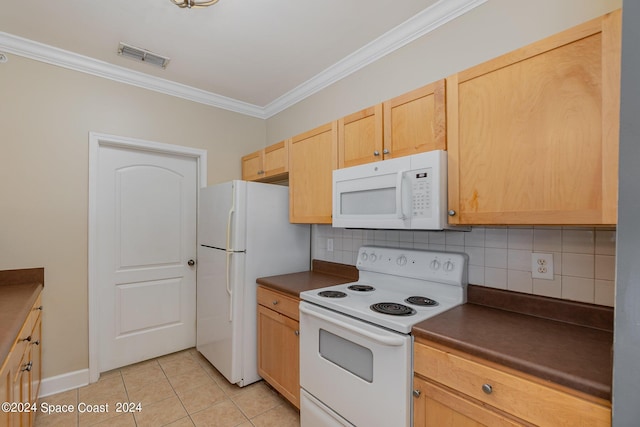 6470 Borasco Dr Unit 3106, Melbourne, FL 32940 - kitchen featuring white appliances, crown molding, dark countertops, decorative backsplash, and light brown cabinets
