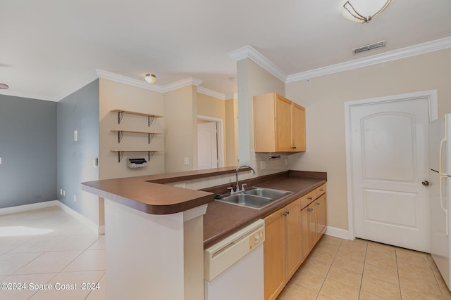 6470 Borasco Dr Unit 3106, Melbourne, FL 32940 - kitchen with white appliances, a sink, light brown cabinets, ornamental molding, and light tile patterned floors