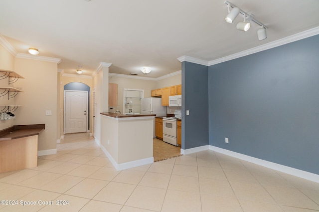 6470 Borasco Dr Unit 3106, Melbourne, FL 32940 - kitchen with white appliances, dark countertops, crown molding, light tile patterned floors, and baseboards