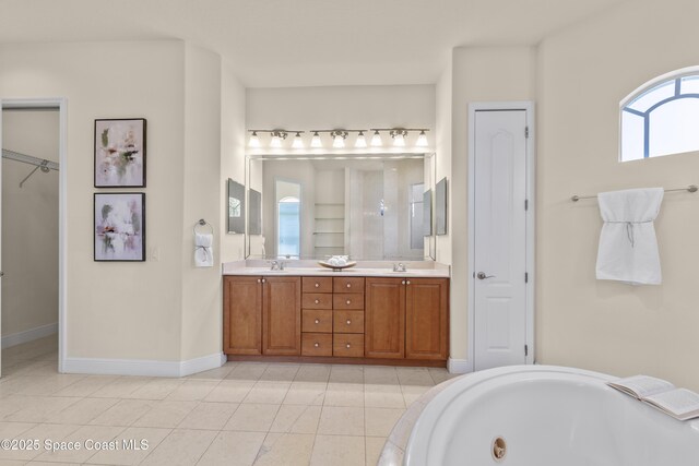 3631 Thurloe Dr, Rockledge, FL 32955 - full bath featuring double vanity, baseboards, tile patterned flooring, and a tub with jets