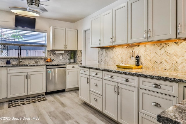 348 Berkeley St, Satellite Beach, FL 32937 - kitchen with dishwasher, decorative backsplash, and dark stone countertops