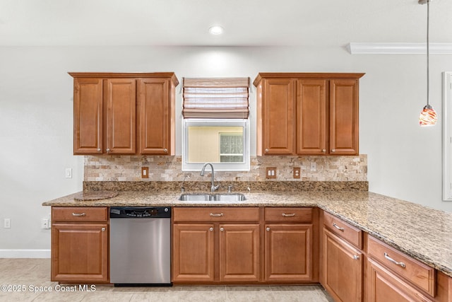 3654 Gurrero Dr, Melbourne, FL 32940 - kitchen featuring dishwasher, backsplash, light stone counters, and brown cabinets