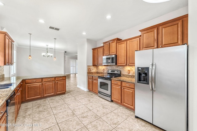 3654 Gurrero Dr, Melbourne, FL 32940 - kitchen with appliances with stainless steel finishes, tasteful backsplash, brown cabinetry, healthy amount of natural light, and ornamental molding