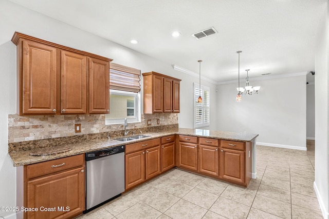 3654 Gurrero Dr, Melbourne, FL 32940 - kitchen featuring stainless steel dishwasher, backsplash, a peninsula, stone counters, and brown cabinetry