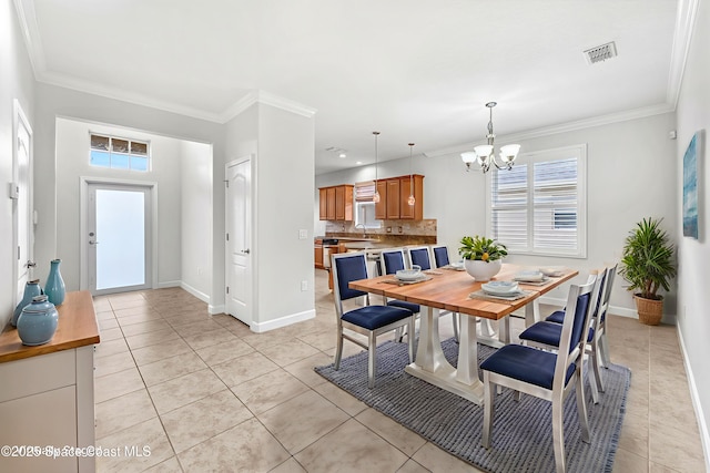 3654 Gurrero Dr, Melbourne, FL 32940 - dining area with a chandelier, light tile patterned floors, and ornamental molding