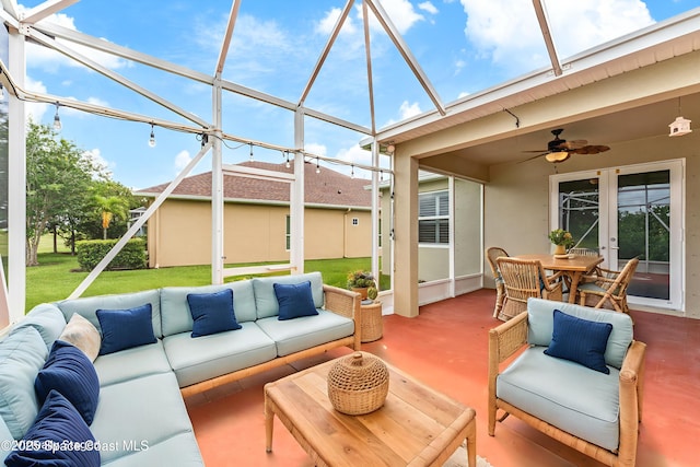 3654 Gurrero Dr, Melbourne, FL 32940 - sunroom featuring outdoor lounge area, a ceiling fan, outdoor dining space, and french doors