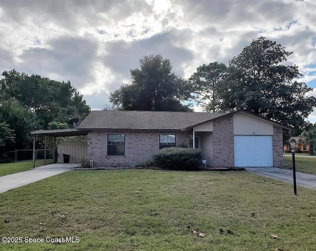 463 Spring Ln, Ocala, FL 34472 - ranch-style house with driveway, brick siding, a front yard, a garage, and an attached carport