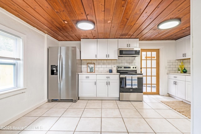 321 Sagamore St, Melbourne, FL 32904 - kitchen featuring appliances with stainless steel finishes, wooden ceiling, healthy amount of natural light, backsplash, and light countertops