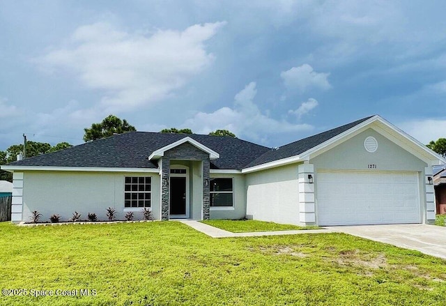 1271 Rabbit St SE, Palm Bay, FL 32909 - single story home featuring an attached garage, a front yard, driveway, a shingled roof, and stucco siding
