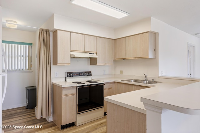 654 Centre Ct SW Unit 201, Vero Beach, FL 32962 - kitchen featuring a sink, light brown cabinetry, electric range, under cabinet range hood, and a peninsula